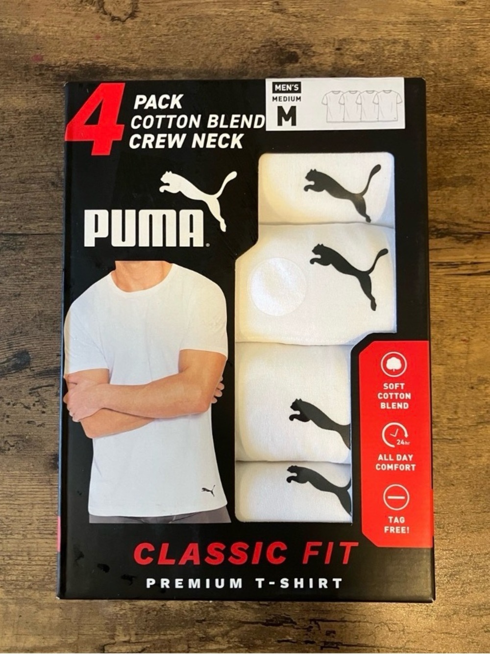 Puma Men’s White & Black Classic Fit Crew Neck 4-Pack